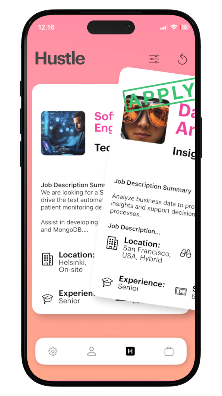 Hustle app screenshot showing job listings on a phone